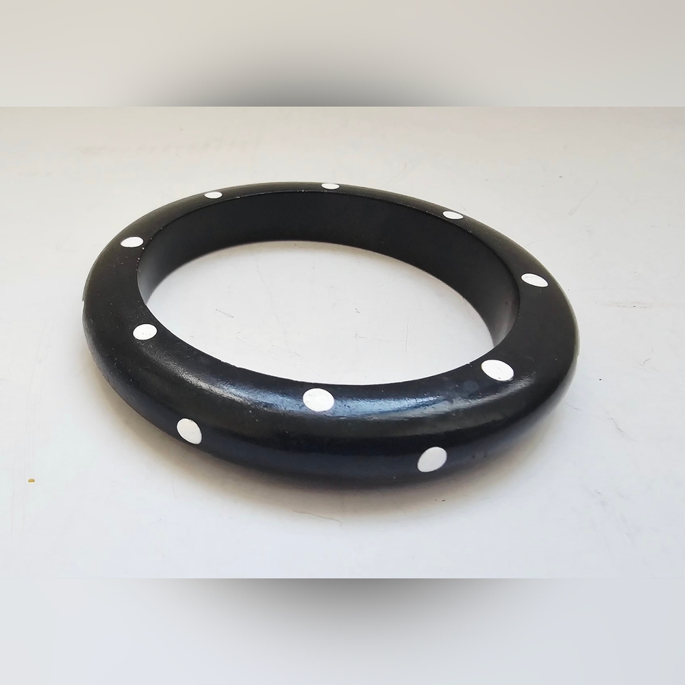 Retro Black and White Handpainted Polka Dot Wood Bangle
